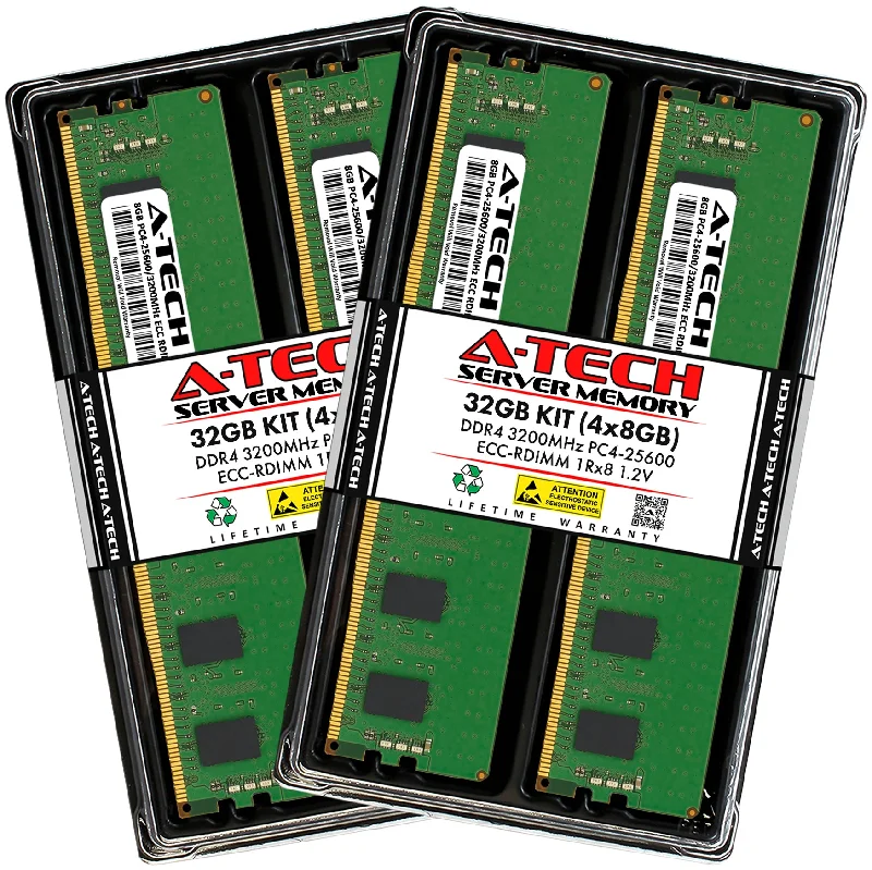 32GB Kit (4 x 8GB) 1Rx8 DDR4-3200 PC4-25600R RDIMM ECC Registered 1.2V 288-Pin Server Memory RAM