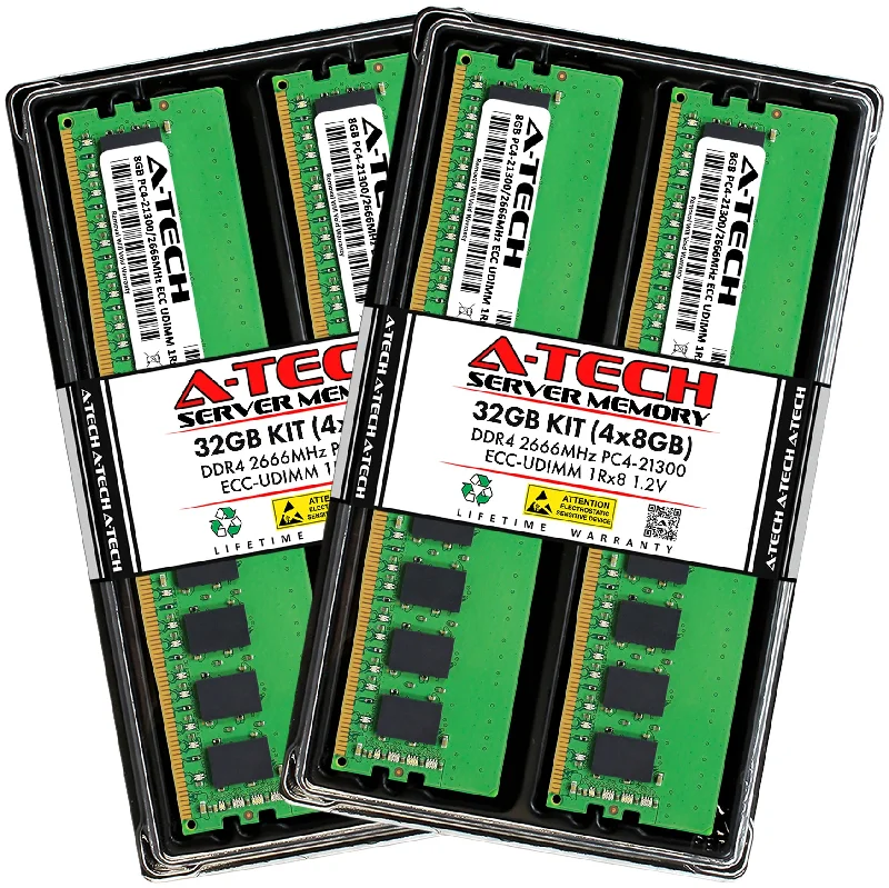 32GB Kit (4 x 8GB) 1Rx8 DDR4-2666 PC4-21300E UDIMM ECC Unbuffered 1.2V 288-Pin Server Memory RAM