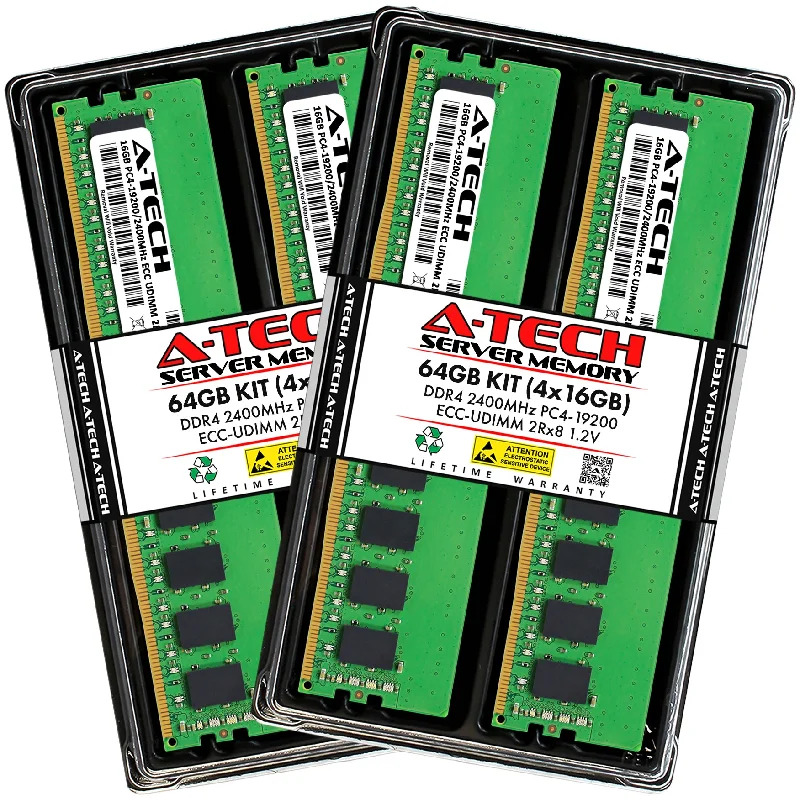 64GB Kit (4 x 16GB) 2Rx8 DDR4-2400 PC4-19200E UDIMM ECC Unbuffered 1.2V 288-Pin Server Memory RAM